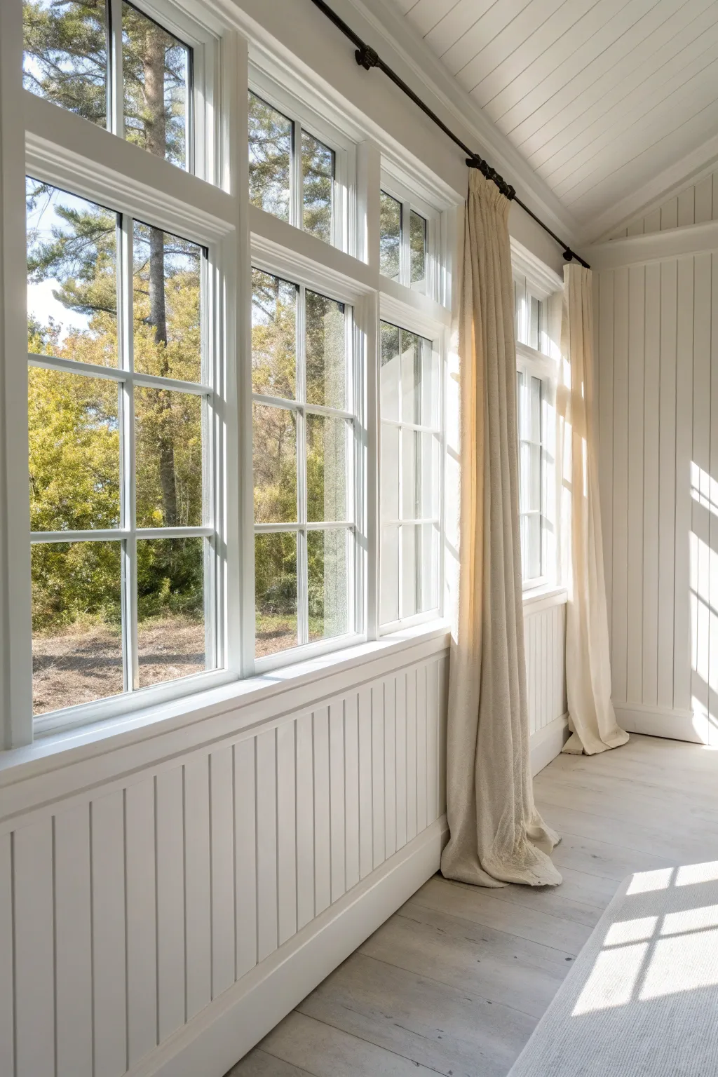 Bright white sunroom paneling that reflects daylight for an open, fresh, airy glow.