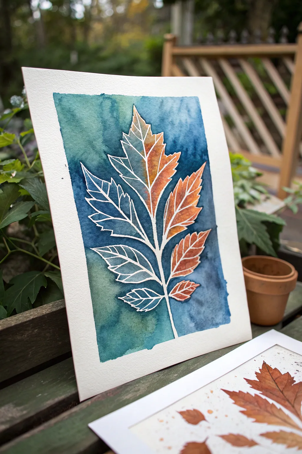 Bold watercolor wash with crisp negative-space leaves, minimalist boho stencil inspiration