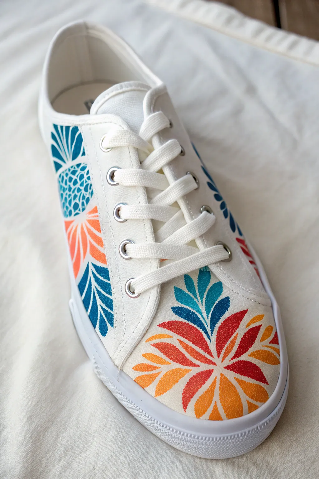 Layered stencil pops on a neutral sneaker, clean fills with a sponge pouncer and reusable stencils