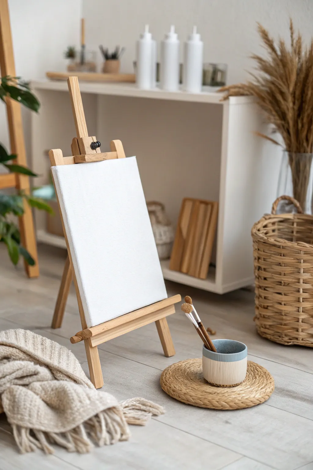 A tiny corner studio that feels complete: one easel, essentials tucked away, calm and cozy.
