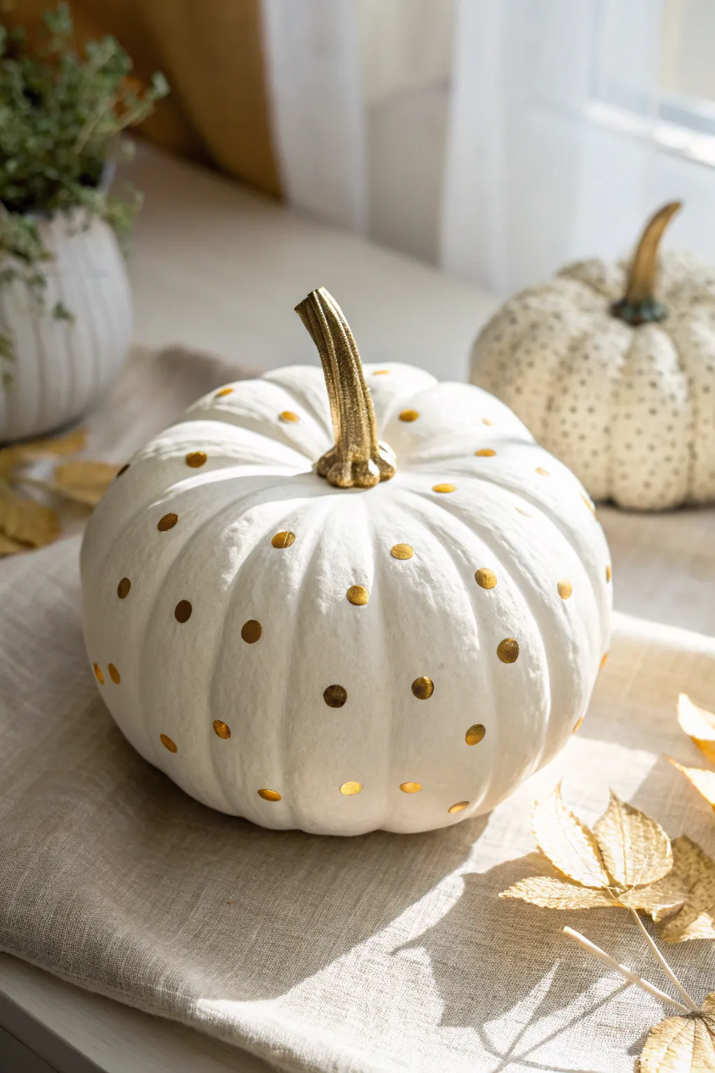 Minimal white pumpkin with sparkling gold confetti speckles for a chic festive look