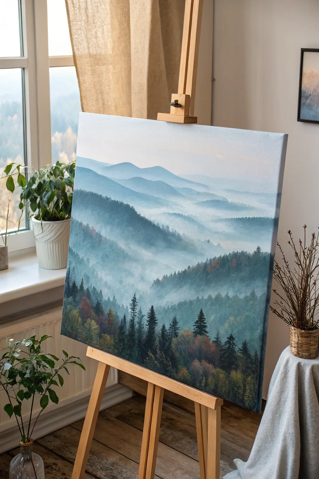 Foggy palette knife landscape with soft scumbling and bold accents for dreamy depth