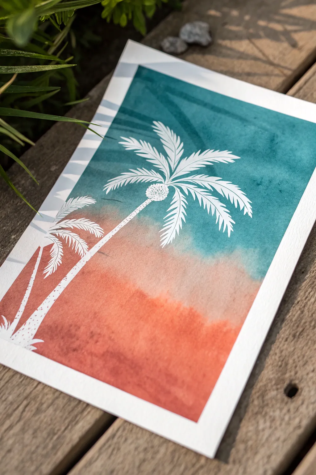 Negative space palm tree: crisp white silhouette against a bold watercolor wash, simple and chic