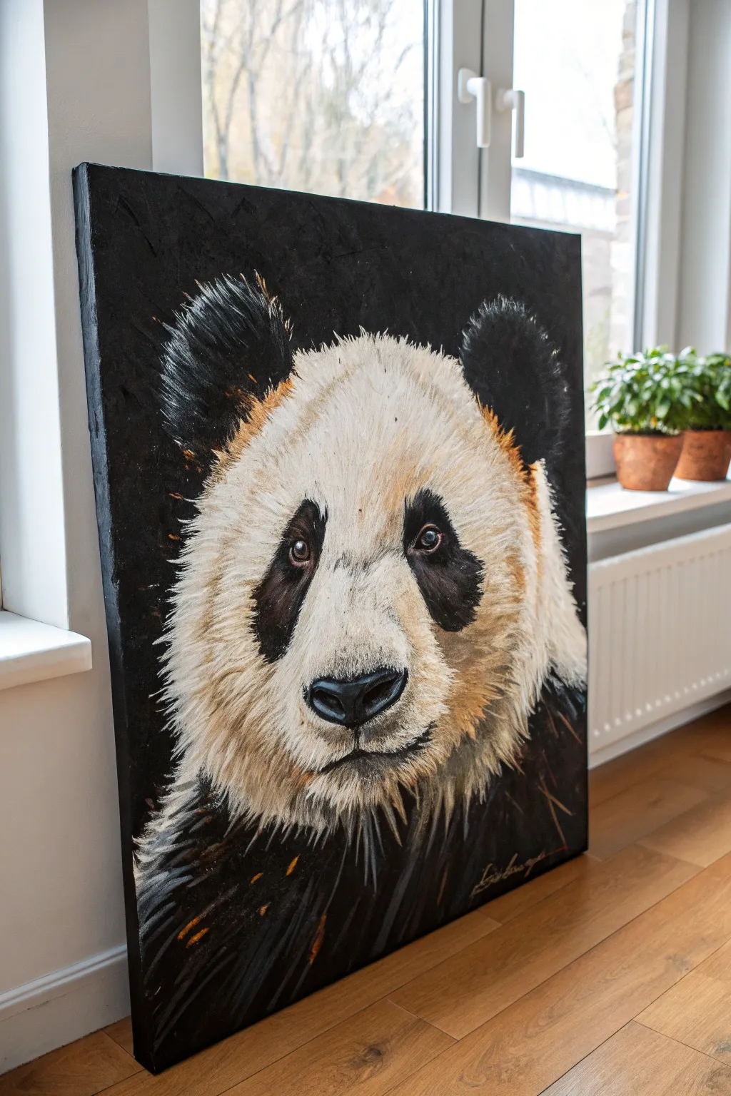 Palette knife panda fur in bold impasto texture, minimalist matte background, modern boho calm