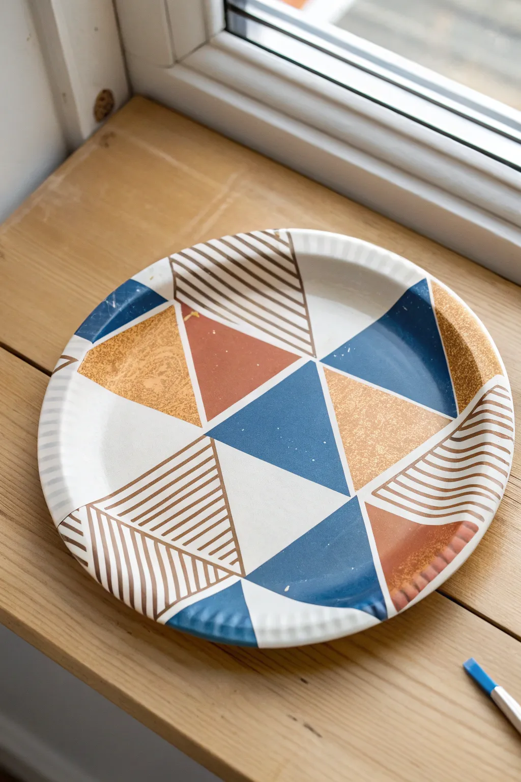 Tape-resist geometric paper plate painting with crisp lines and a satisfying peeled tape edge.