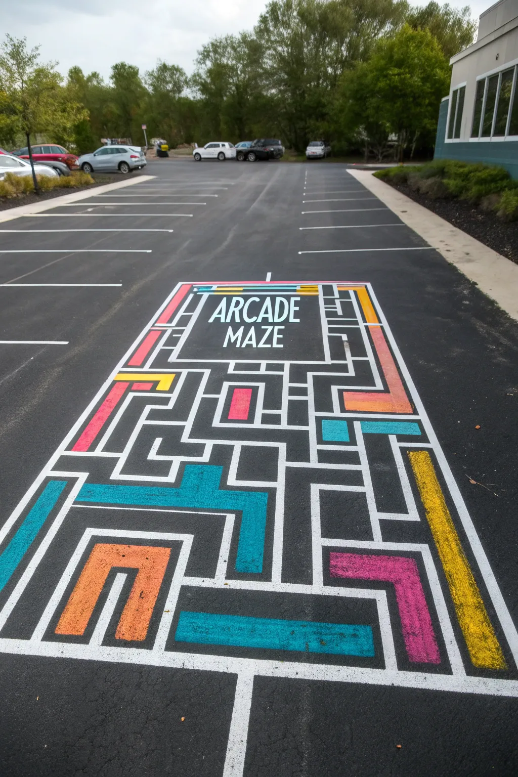 Retro arcade maze parking stall art in bold hues, crisp lines, and a clean final level finish