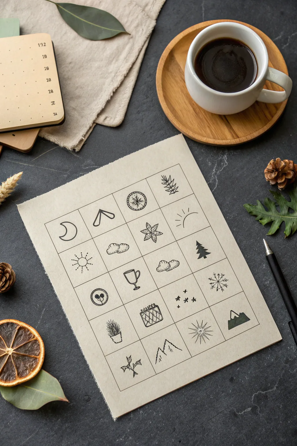 A minimalist hand time map filled with tiny symbols for memories, now-moments, and future hopes