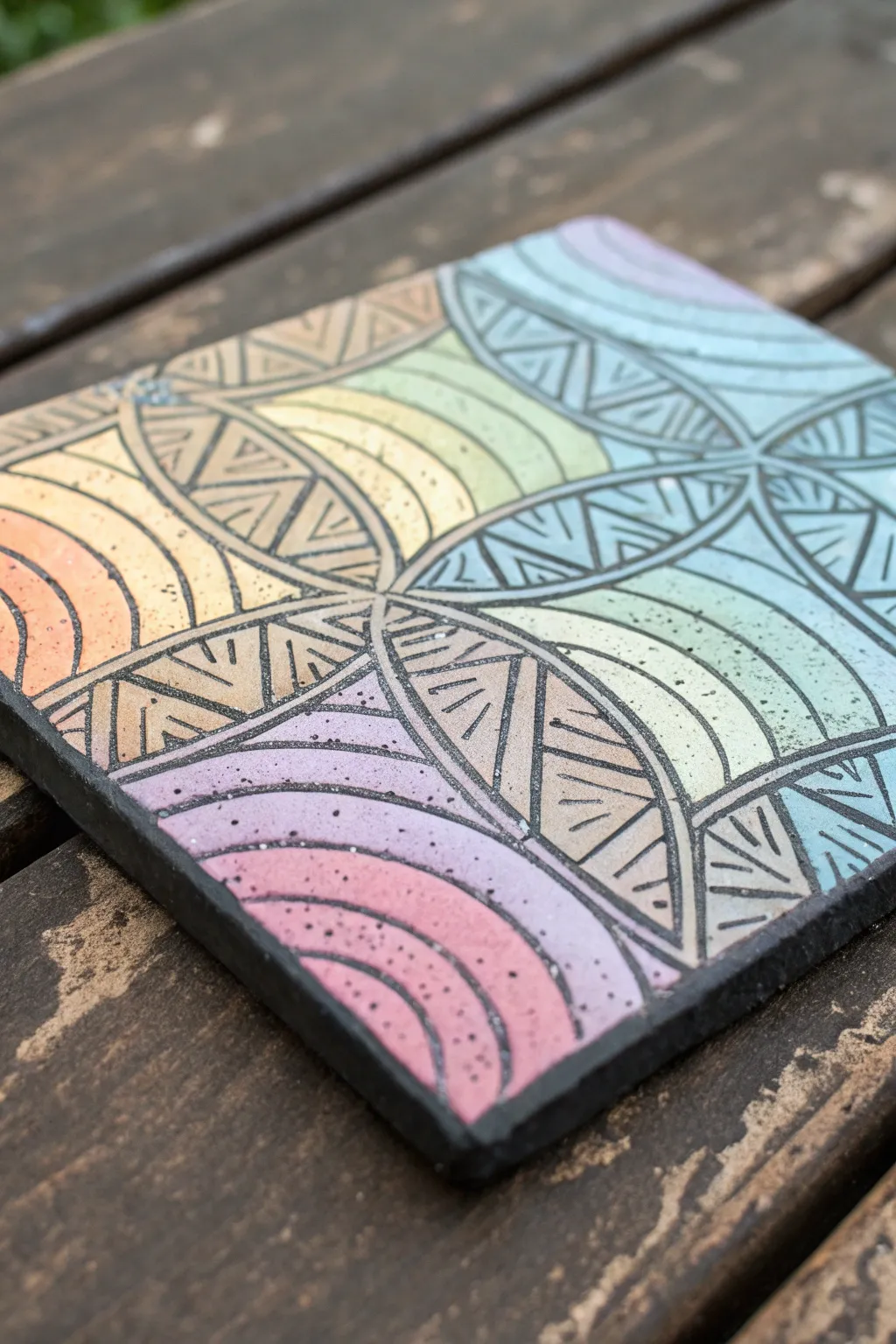 Close-up rainbow sgraffito scratch art with bold contrast and hidden pastel layers