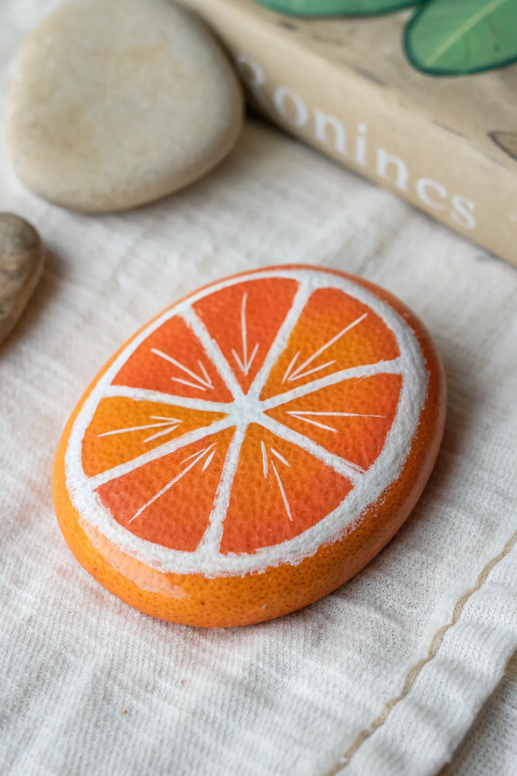 Paint a bold citrus slice on a pebble for a fresh minimalist-boho look, plus a half-finished step.