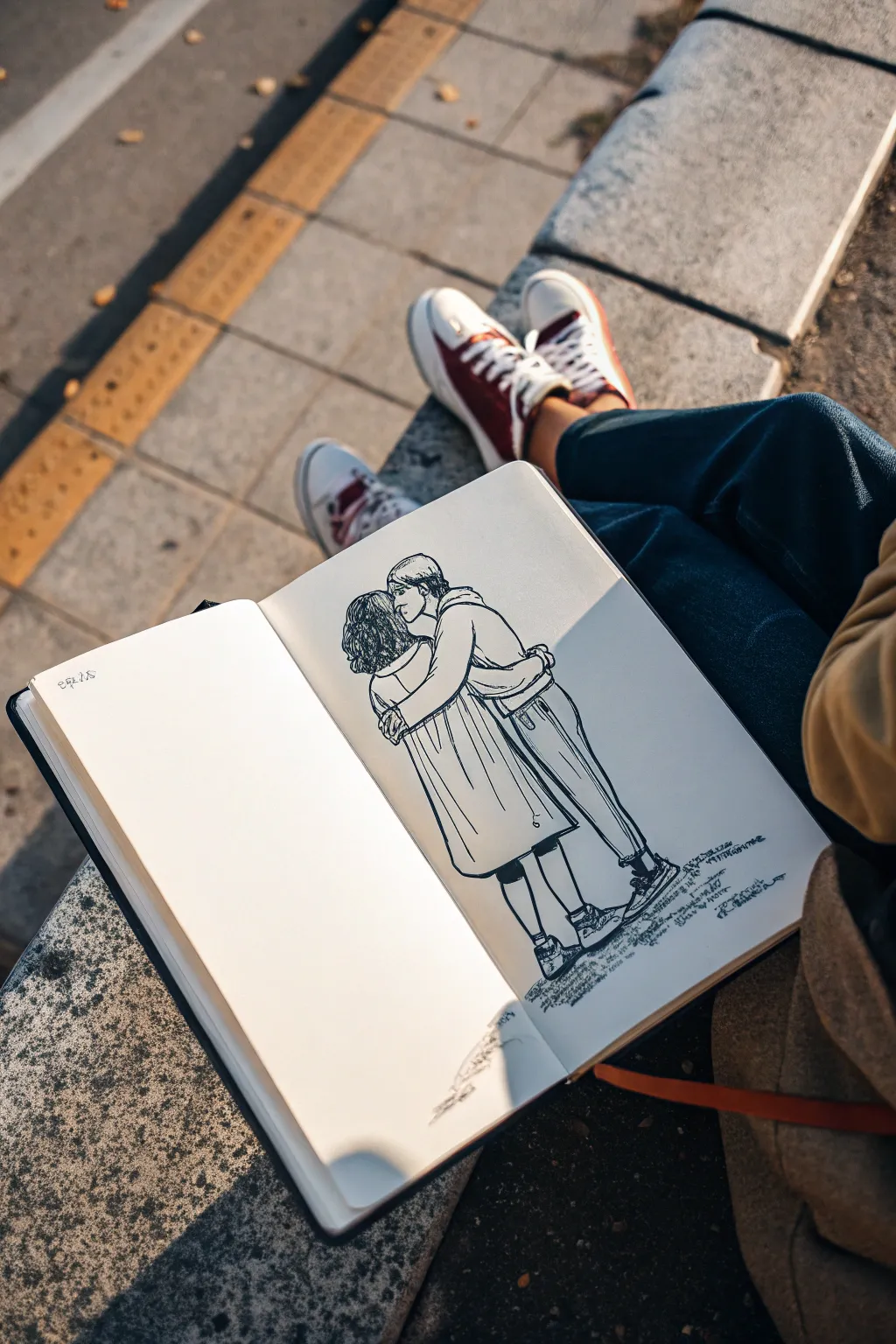 Two-person interaction sketch: clear overlap and touch points, minimal lines with bold color accents