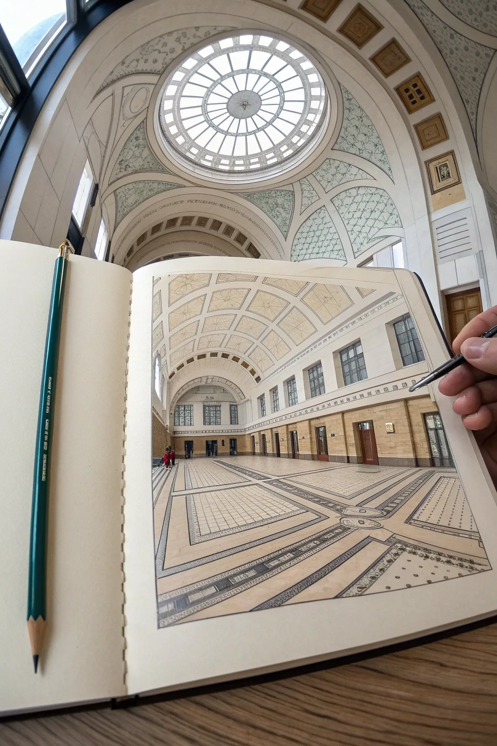 Curved fish-eye room sketch with a centered horizon line for bold, clean perspective practice