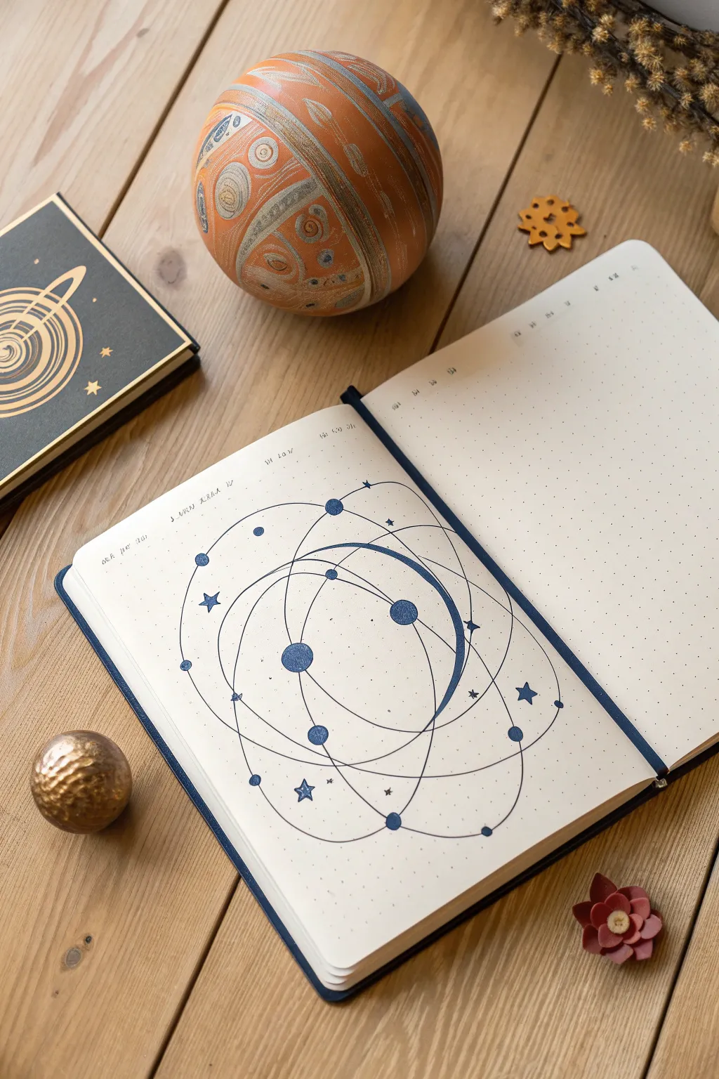 Spacetime grid drawing idea: a bold gravity well with orbiting dots, minimalist and boho.