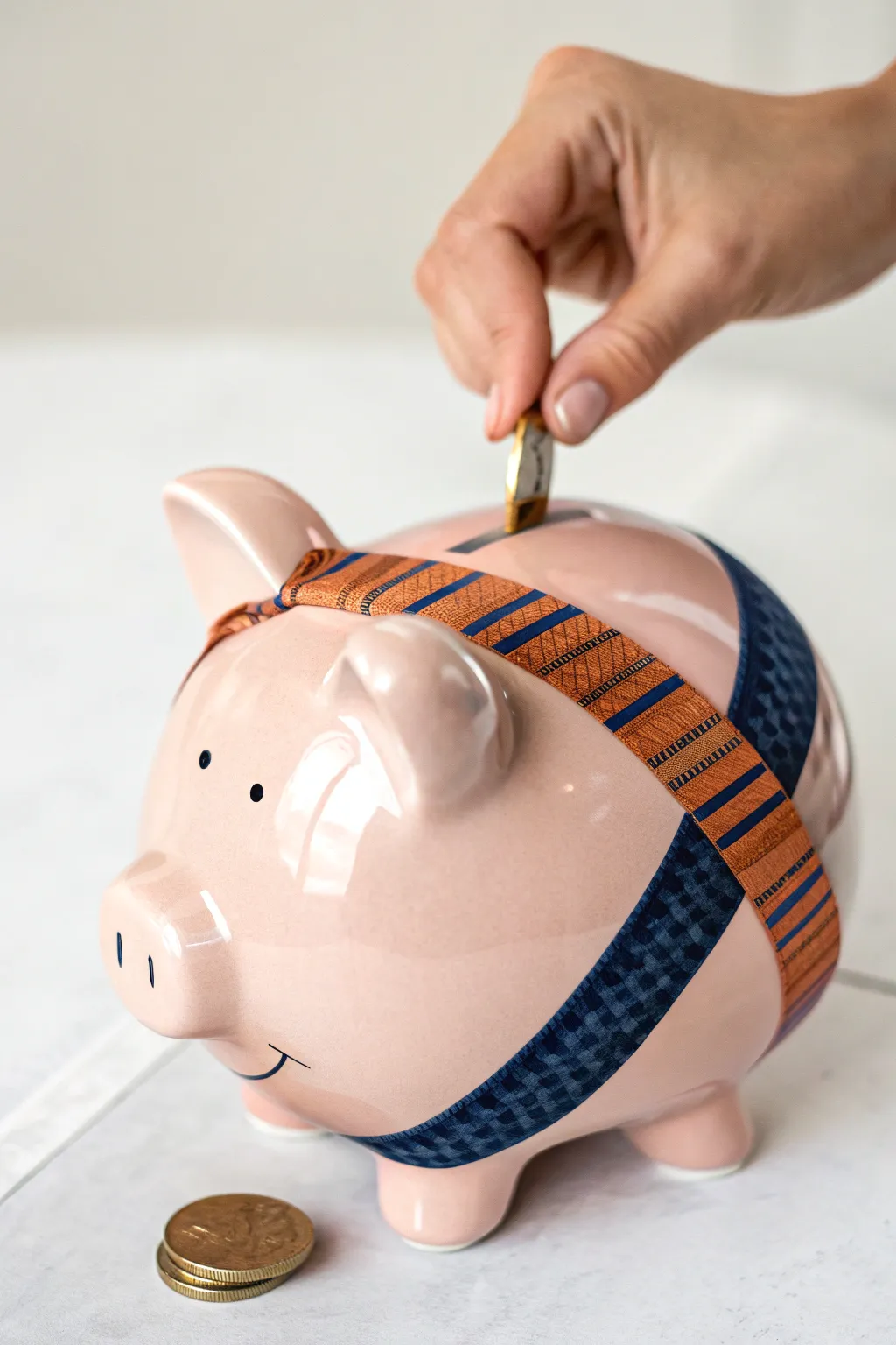 Hand-painted ribbon banner piggy bank with a blank goal space, shown in use with a coin drop