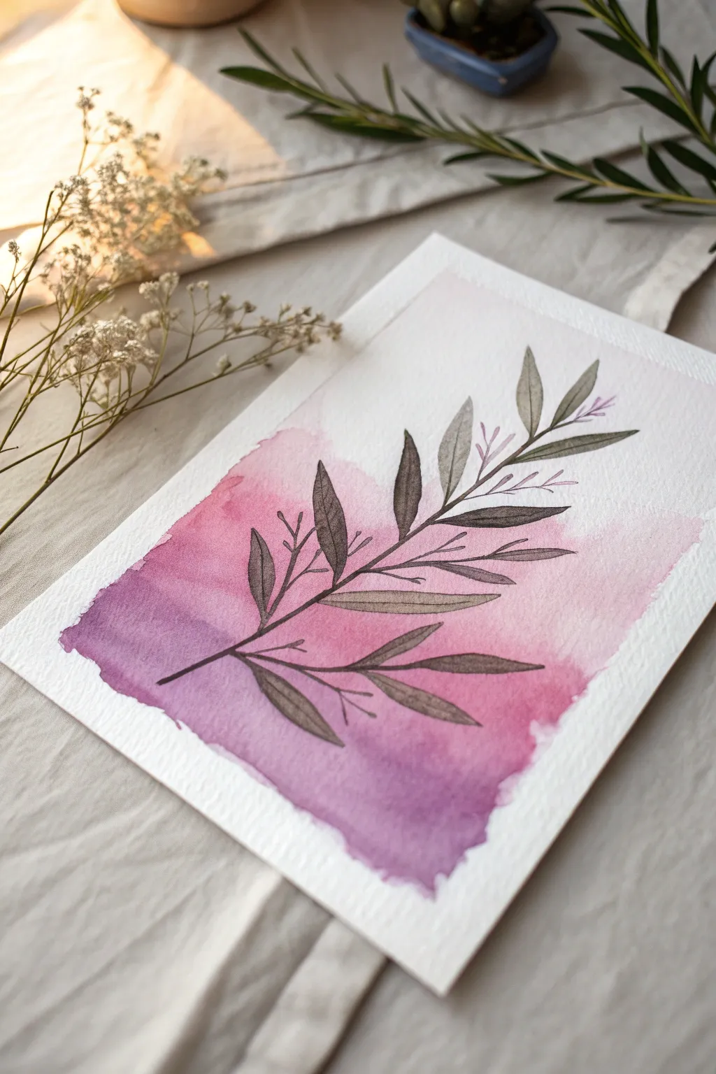 Pink to purple gradient with clean negative-space botanicals, minimal and modern boho painting idea