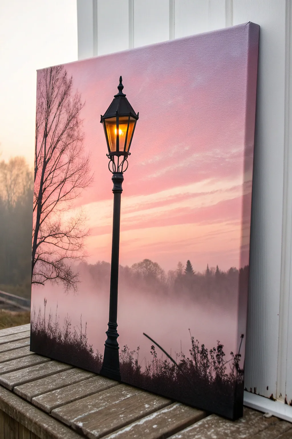 Glowing streetlamp silhouette in dreamy pink fog, a bold yet minimalist canvas painting idea