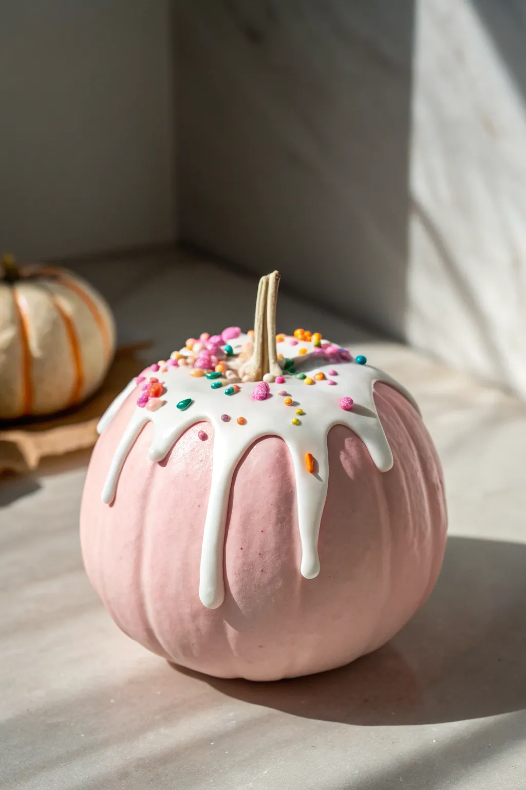 Pink pumpkin with creamy white drip and playful sprinkles, minimalist and bold for fall decor.