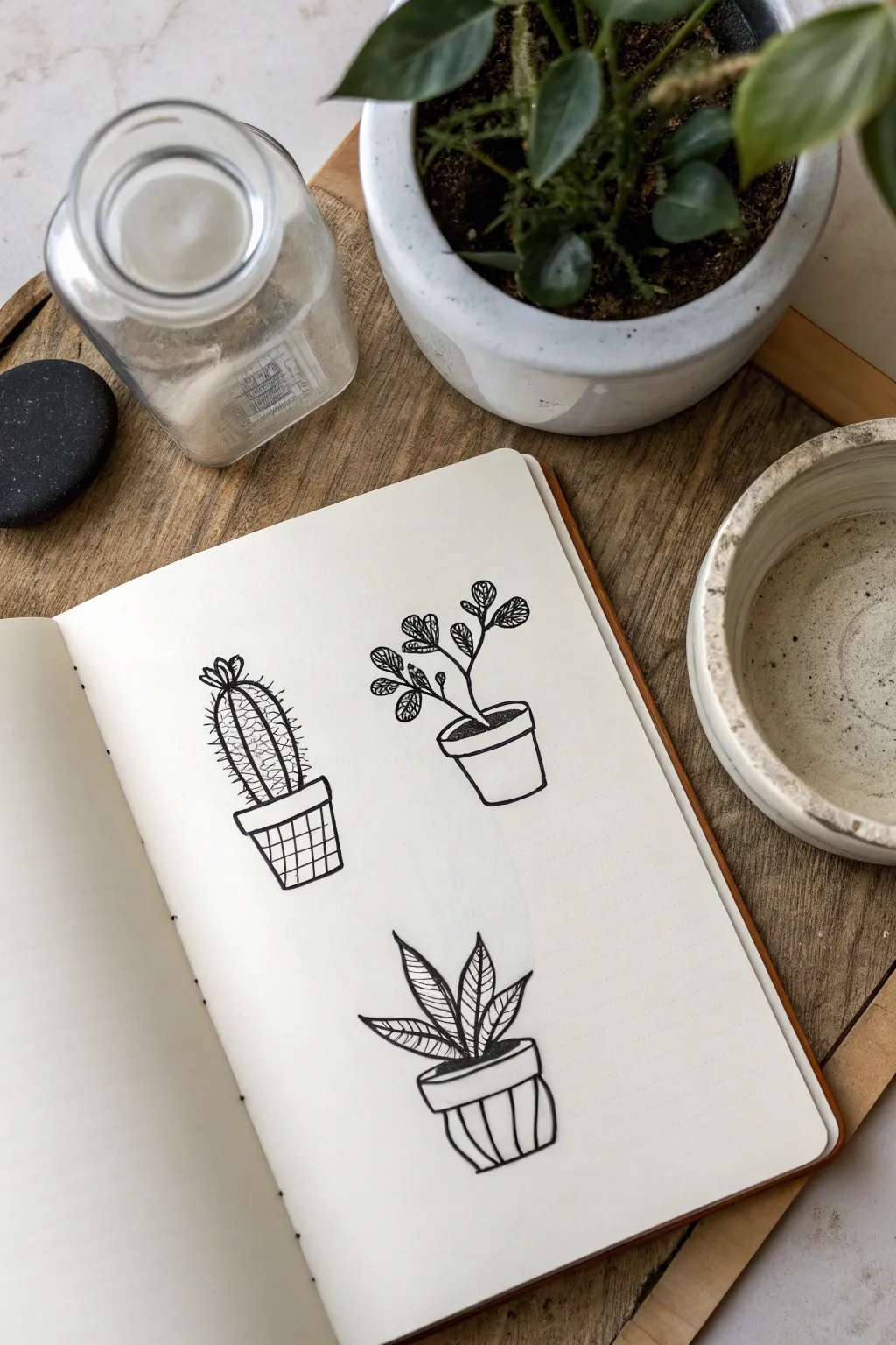 Minimal plant drawing ideas: cup, jar, and bowl containers with bold color accents