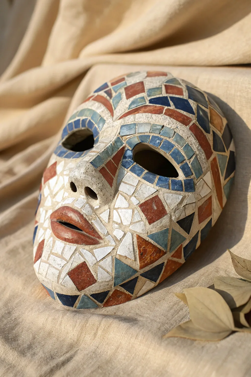 Hand painted plaster mask with mosaic tile pattern for a bold minimalist boho wall moment.