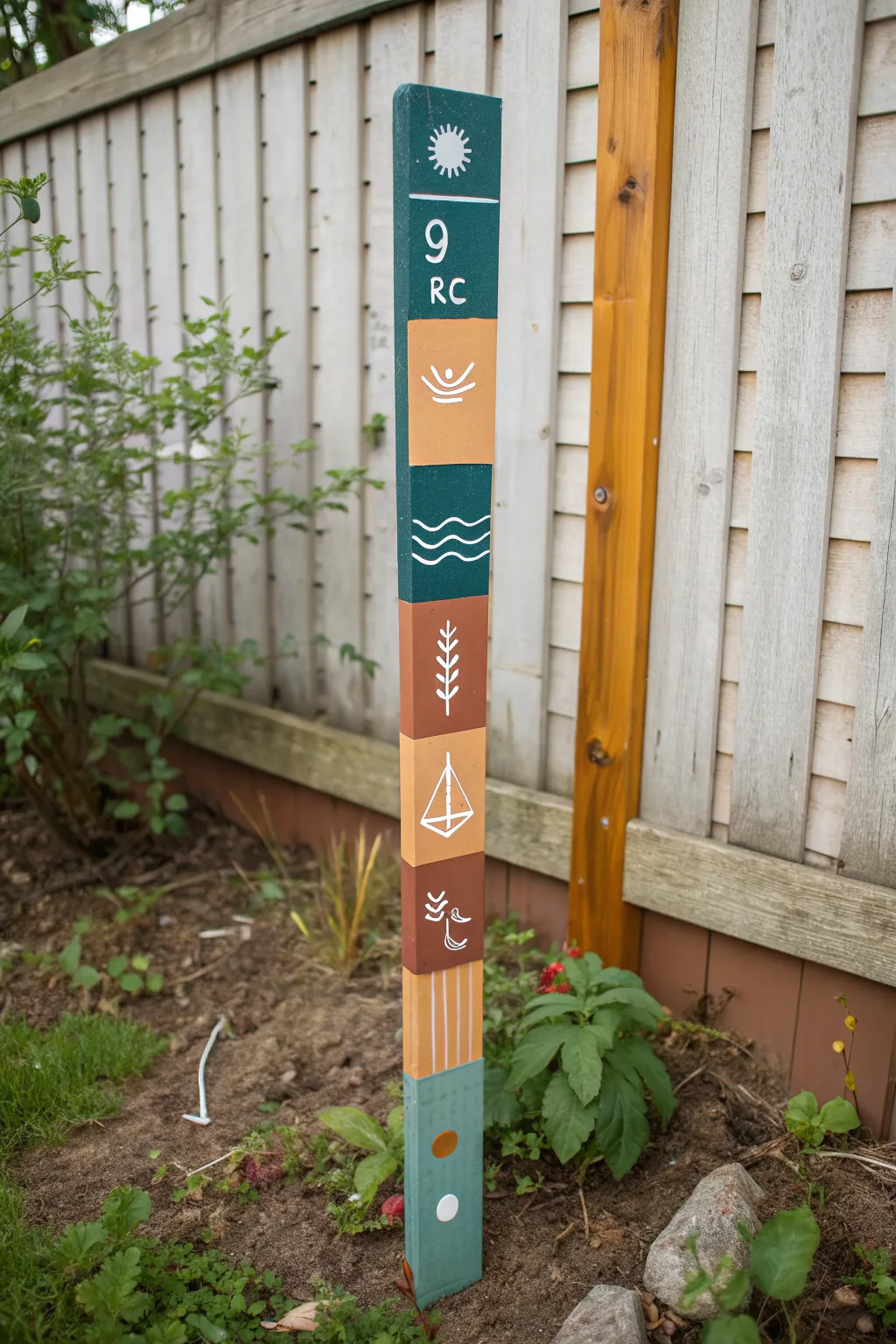 A bold painted growth chart pole with playful icons, modern Scandi-boho and garden-ready charm