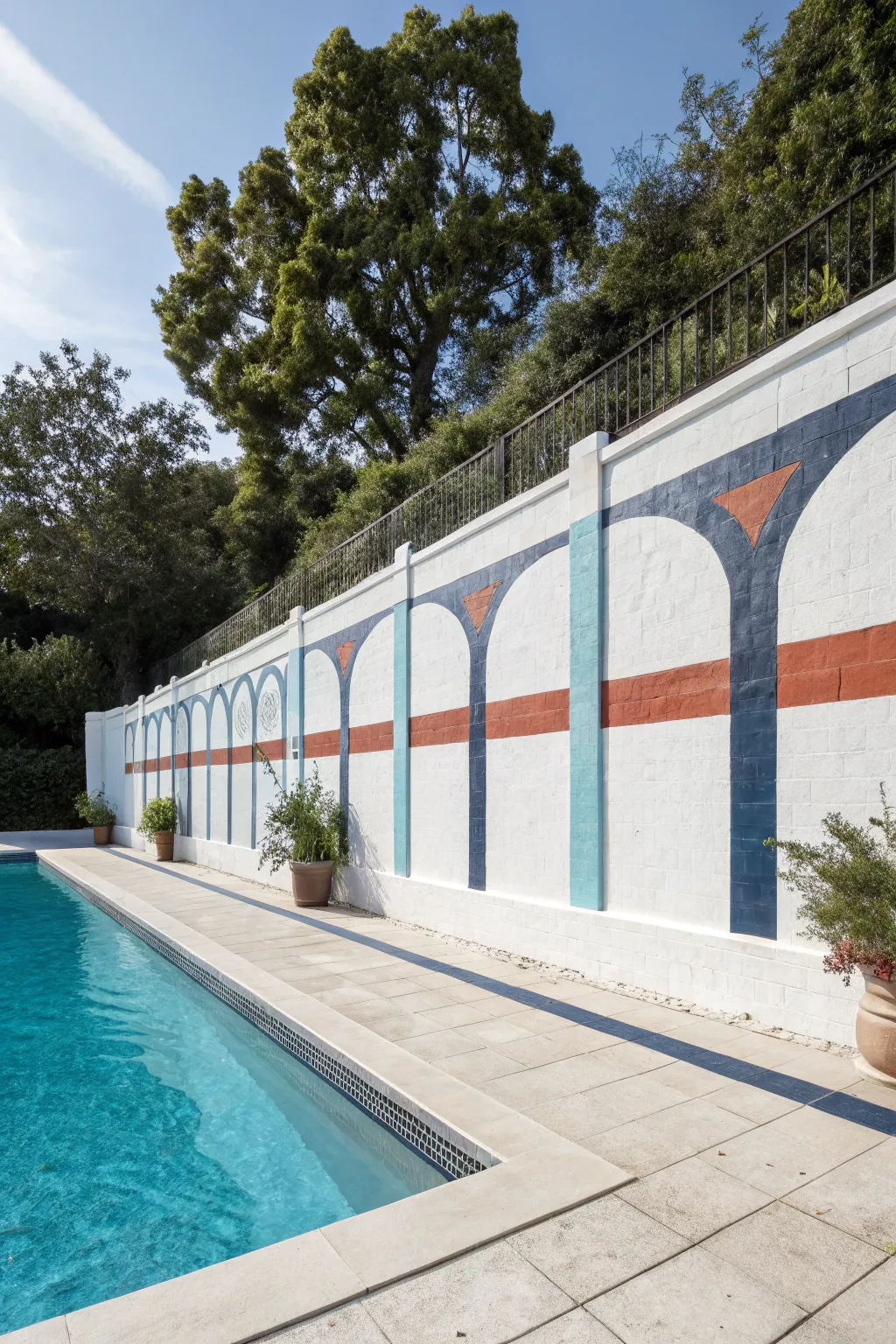 Crisp geometric arcs in blues with a bold terracotta accent for a spa-like poolside mural