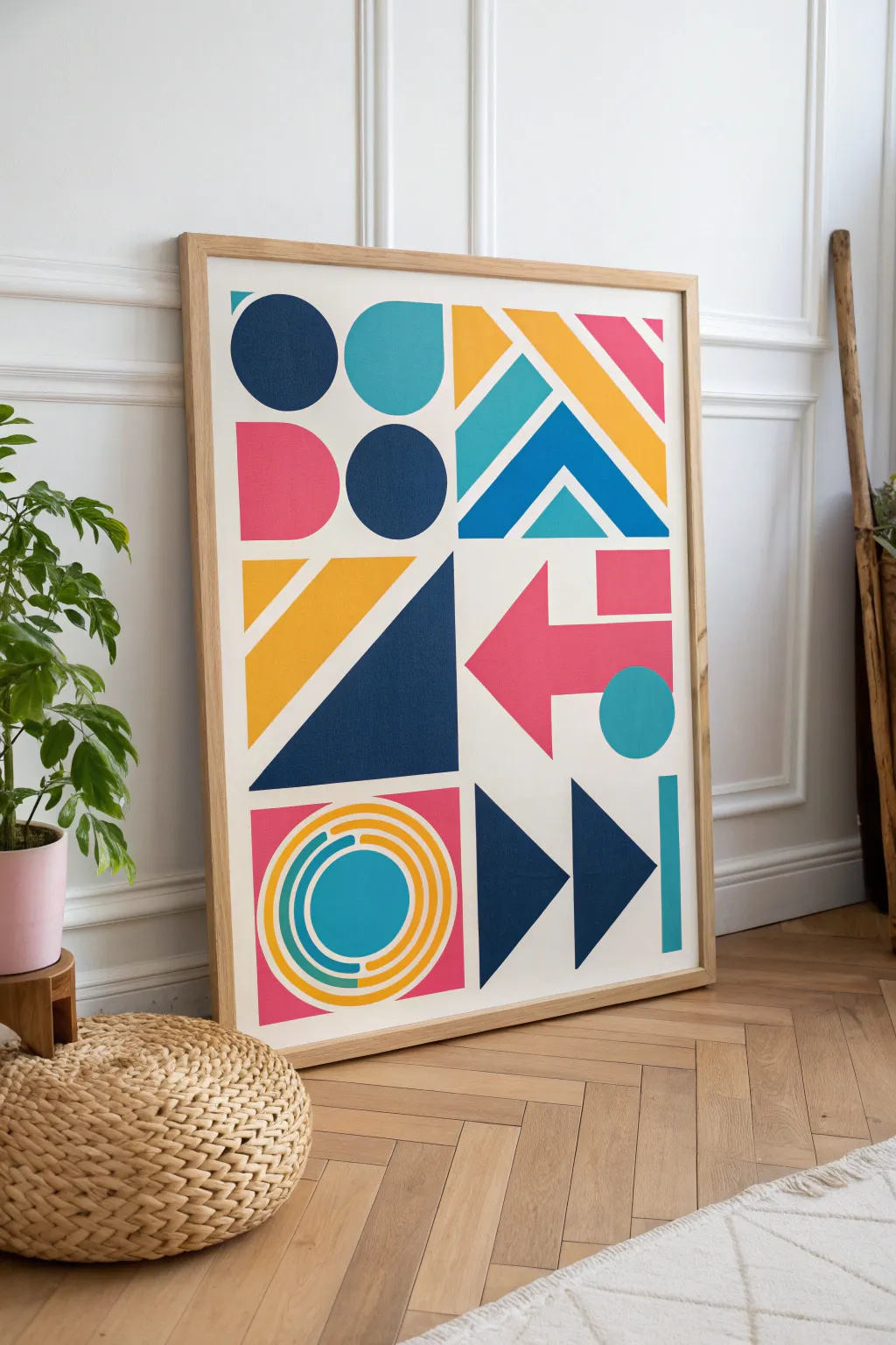 Bold pop art city lights in clean Scandinavian style, abstract sign shapes with high-contrast color