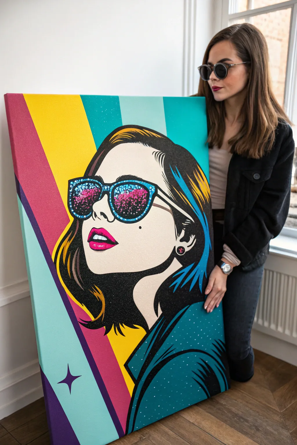 Retro pop portrait with galaxy shades and tiny UFO detail in bold color blocks, minimalist vibe