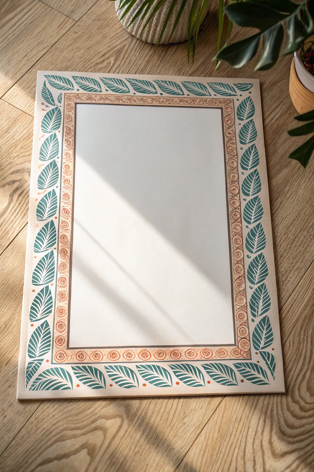 Blank center poster board framed by a bold zentangle border, minimalist Scandinavian boho contrast.
