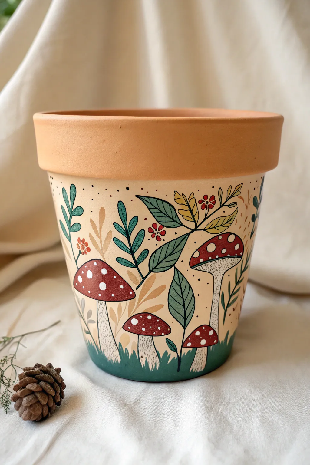 Woodland mushroom wraparound pot art, clean Scandinavian style with a cozy boho pop of color