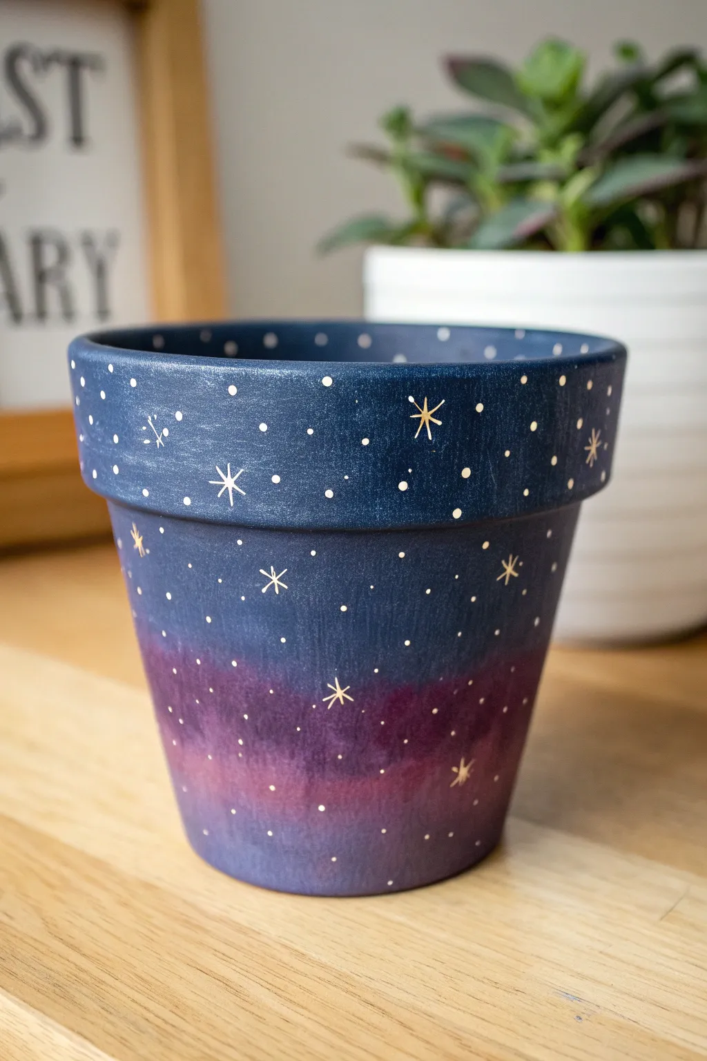 Midnight galaxy pot with crisp star speckles, cozy low light, and bold contrast for dreamy vibes