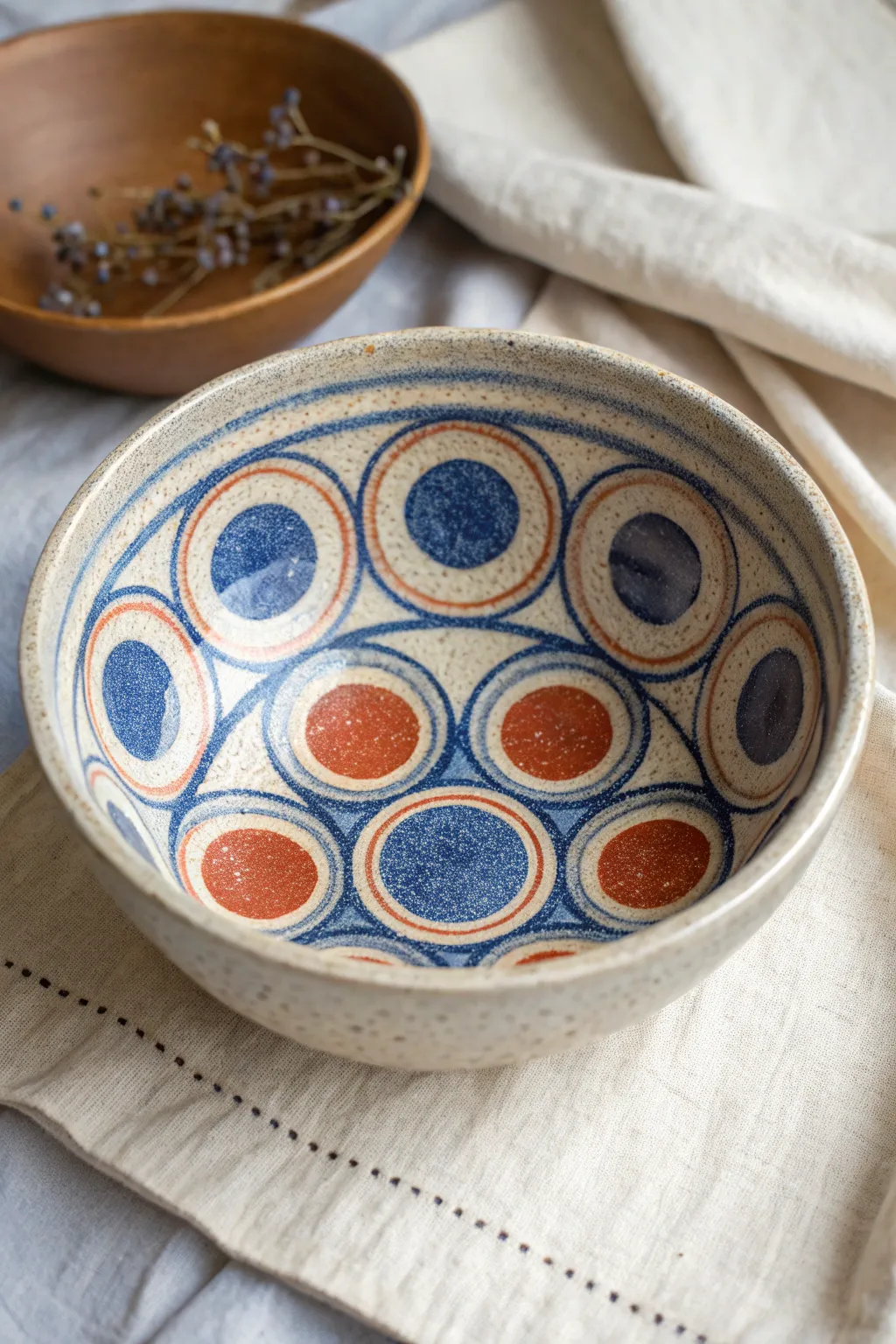 Bubble glaze circles shimmer at the center of a minimalist handmade bowl in bold, modern color.