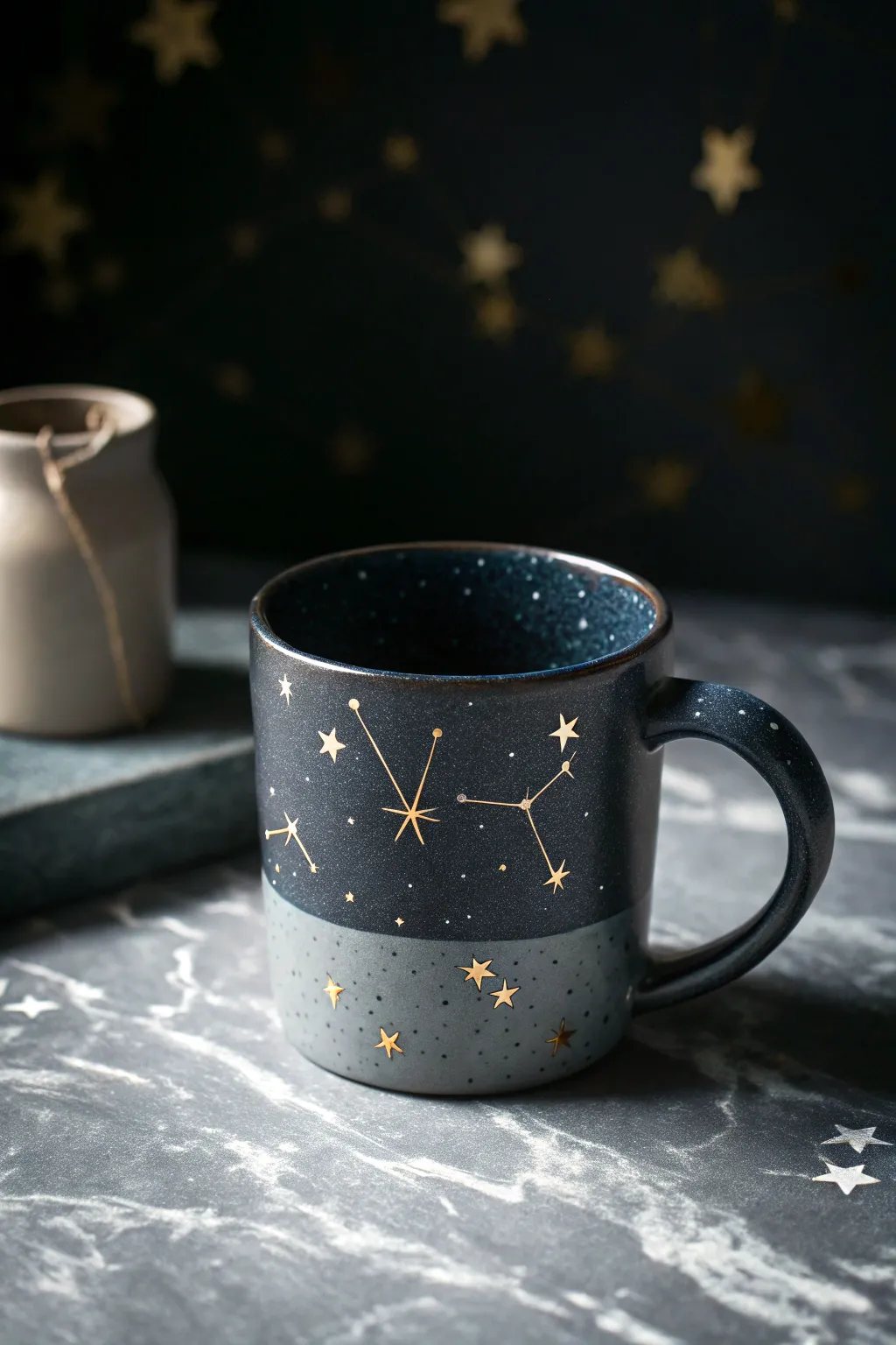 Midnight constellation mug with tiny gold stars and bold side lighting for a dreamy night-sky look