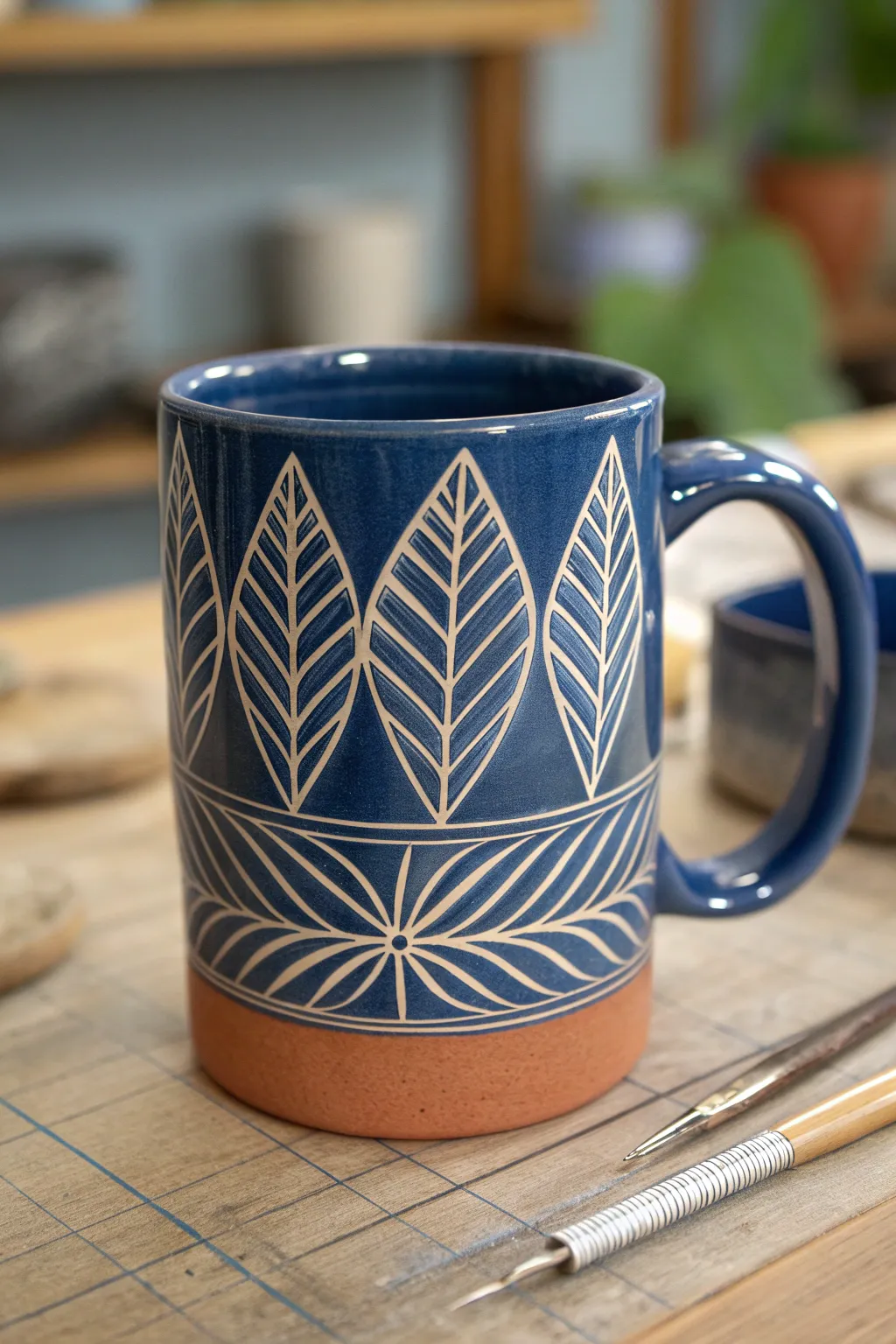 Crisp sgraffito scratch-through lines on a painted underglaze mug, minimalist boho vibes