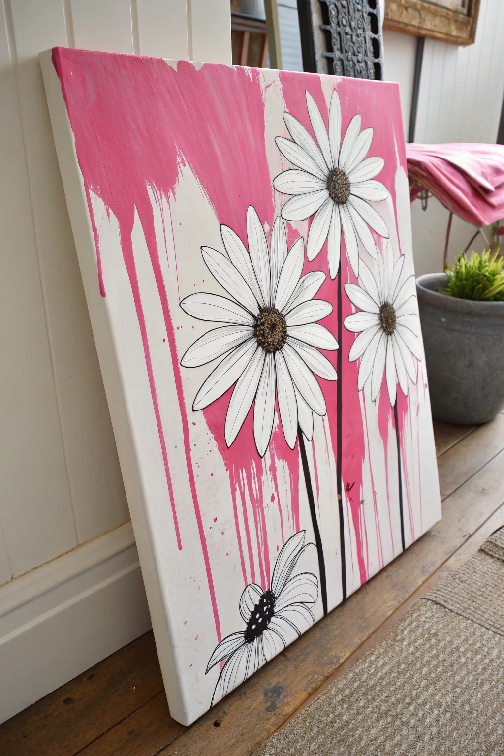 Hot pink drip daisies on a crisp white canvas for a bold preppy maximalist pop statement