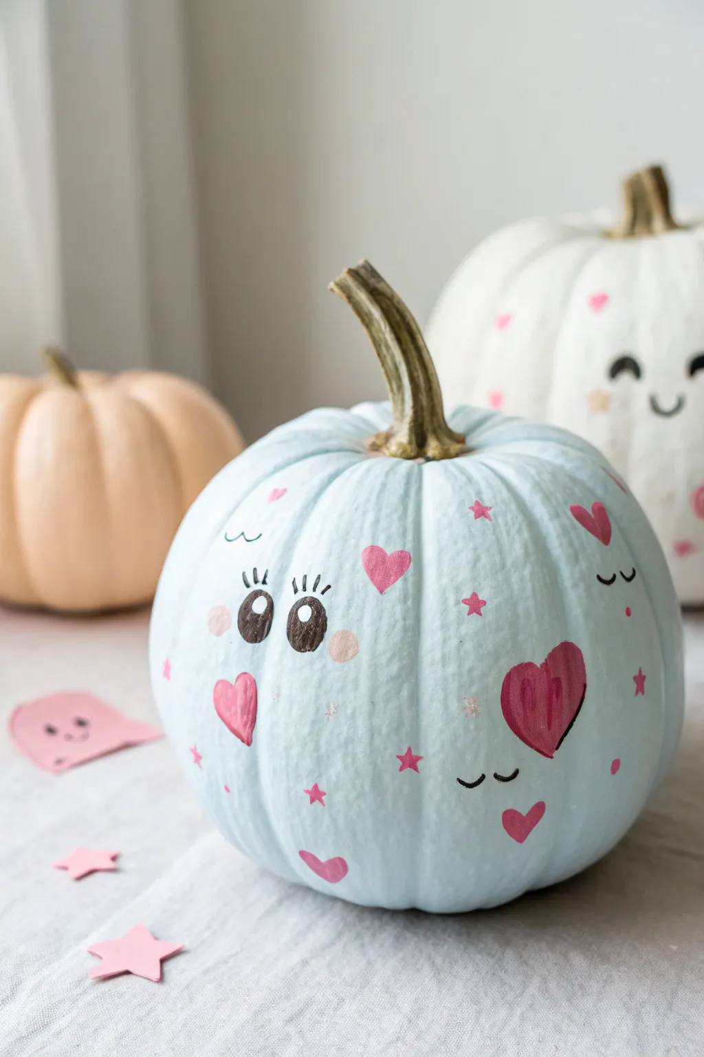 Cute preppy pumpkin idea: pale pumpkin with friendly pink ghosts, hearts, and stars for fall.