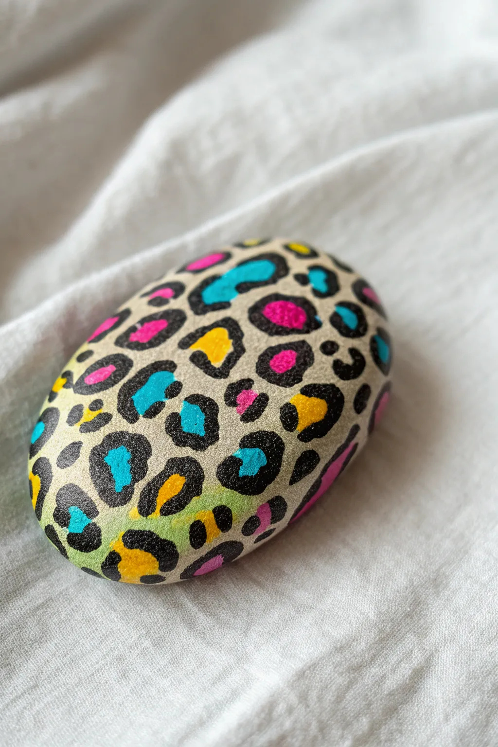 Preppy leopard rock in neon teal, pink, and yellow, outlined in black for bold DIY pop.