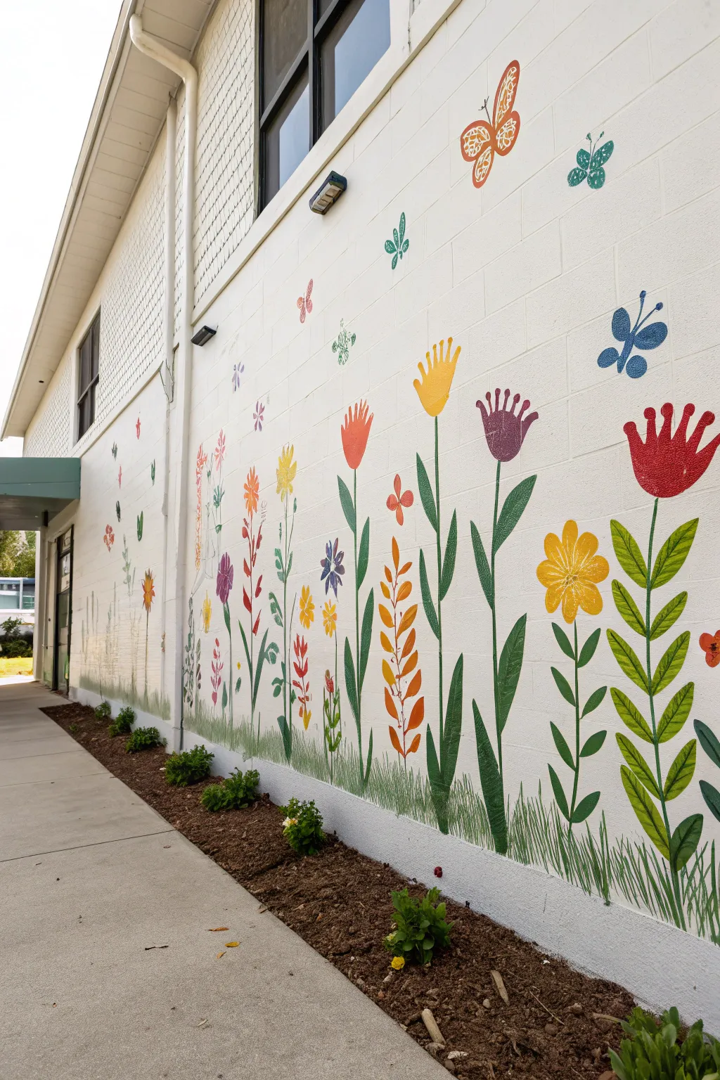 Handprint garden mural with bold blooms and butterflies made from every childs unique print