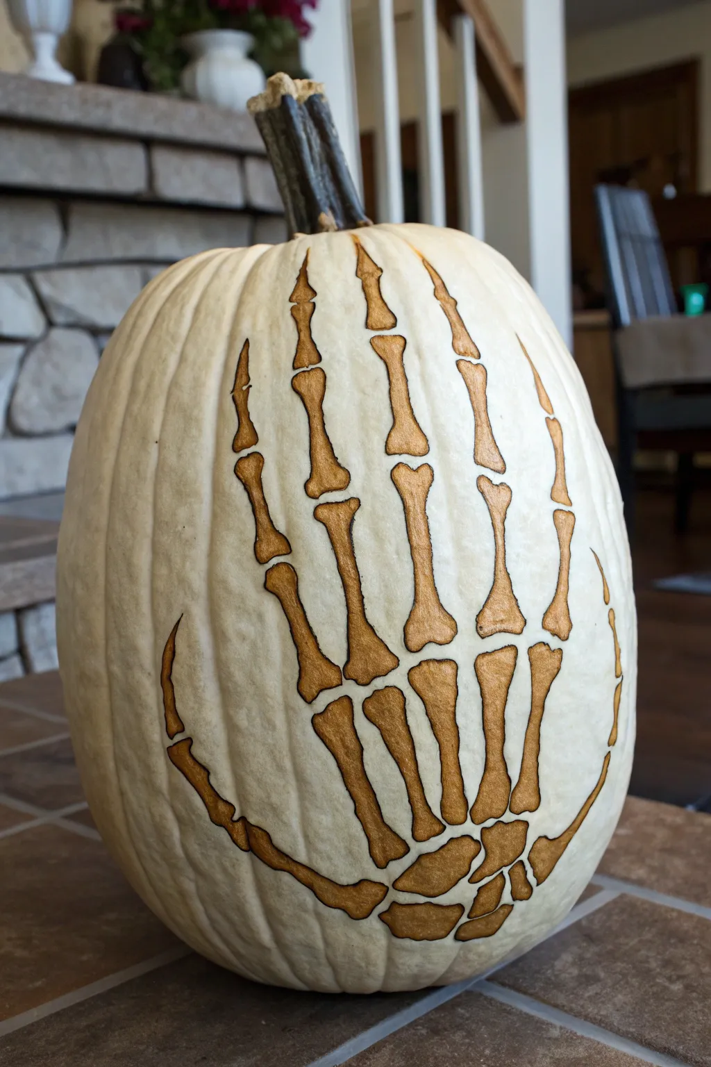 Shallow-carved pumpkin with painted skeleton hand illusion, raking light reveals bold depth
