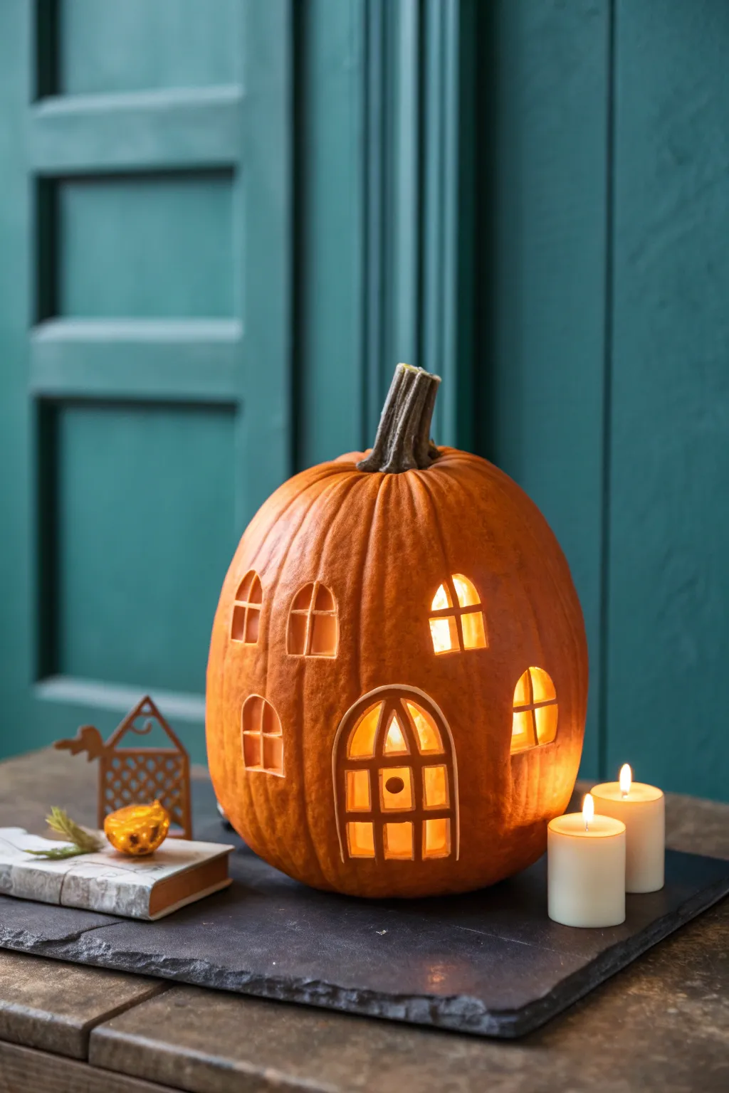 Peekaboo pumpkin house windows glowing warmly, a minimalist autumn lantern for cozy nights