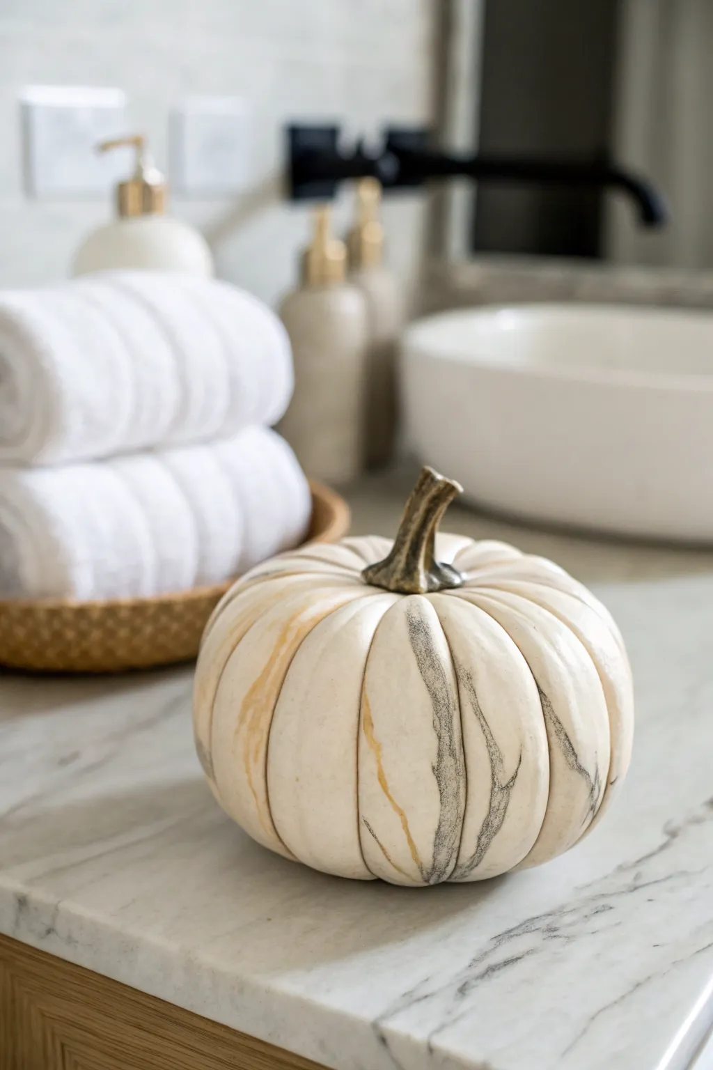 Soft marble-swirl pumpkin decor for a serene, minimalist spa-style autumn moment