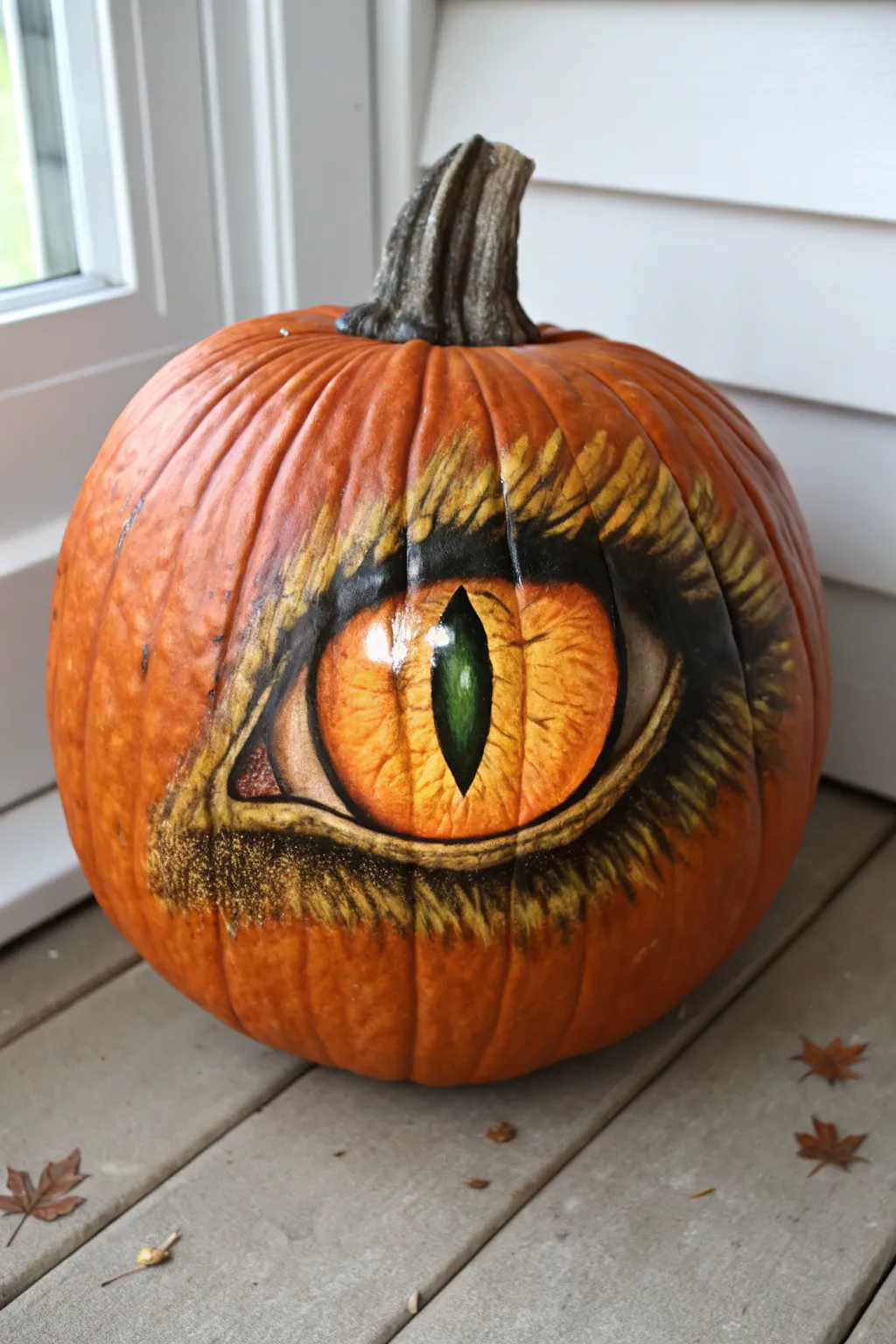 Creepy cat-eye illusion pumpkin with glossy iris detail, minimalist styling for adults.