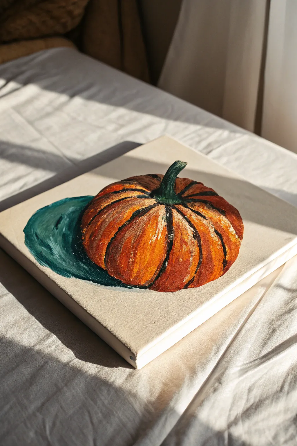 Palette-knife impasto pumpkin on canvas, thick ridges catching light in bold autumn tones.