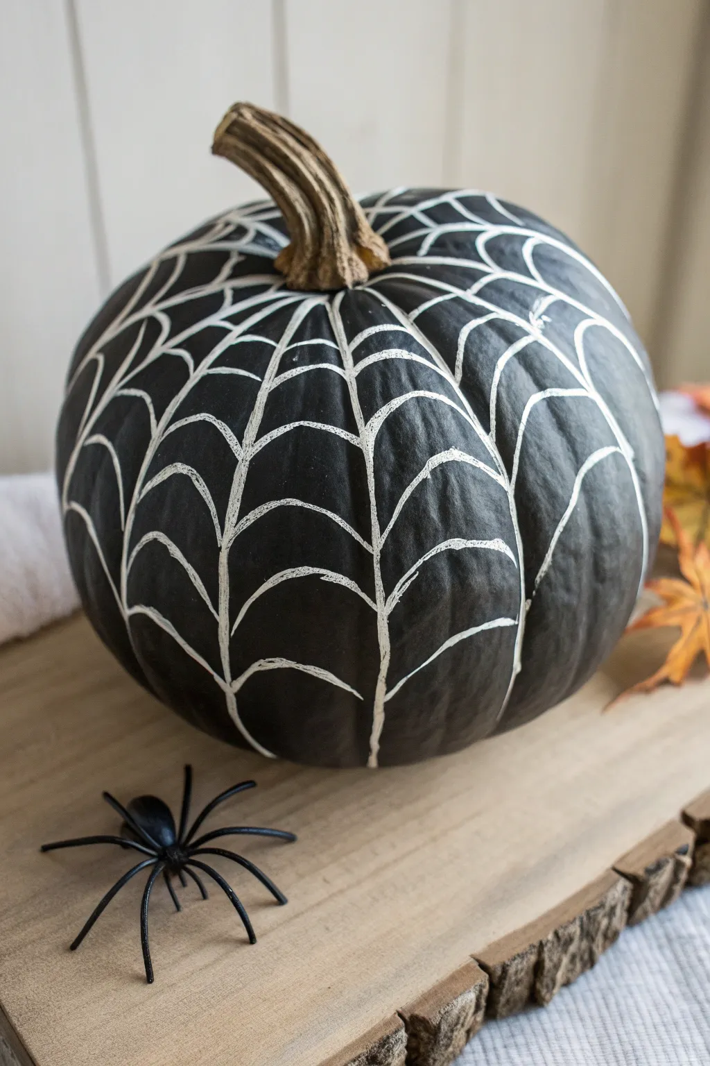 Raised-texture spiderweb pumpkin with a tiny painted spider for bold, minimalist Halloween style