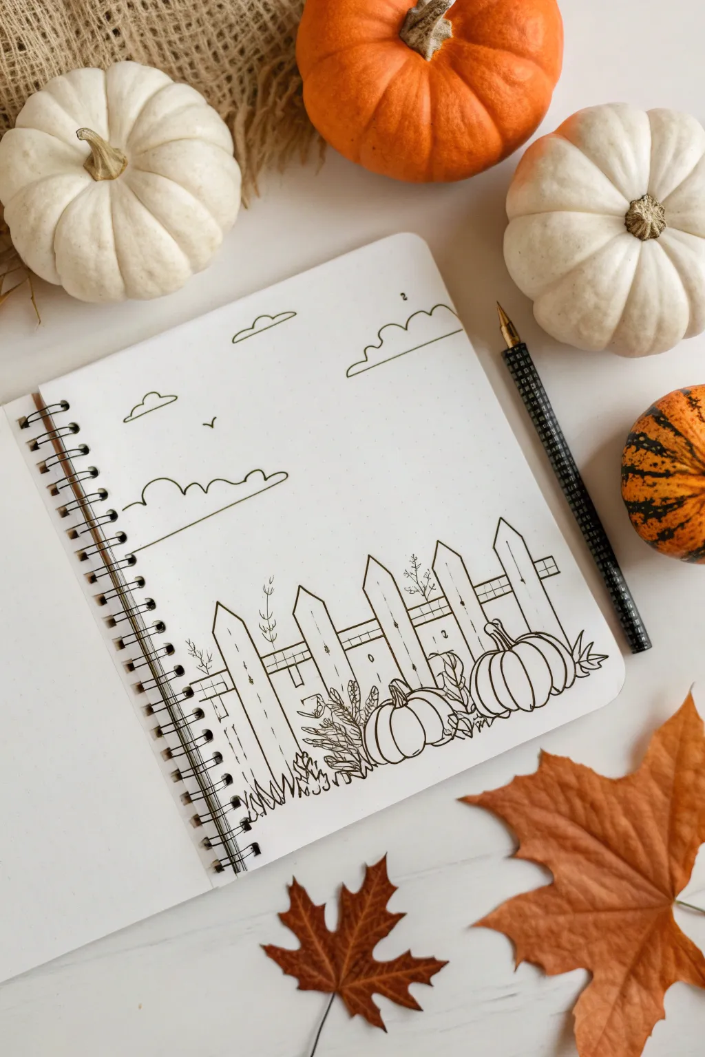 Simple line art pumpkin patch doodle with bold terracotta accent, clean Scandinavian charm.