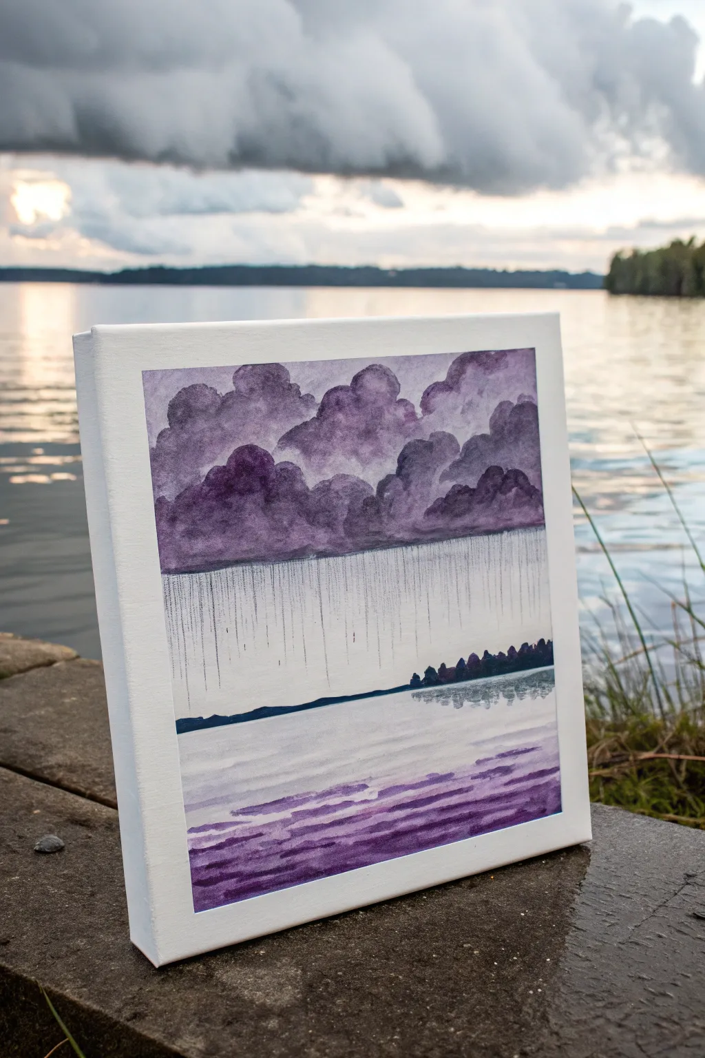 Purple rain clouds and rippling reflections, a minimalist acrylic painting idea in bold violet tones.