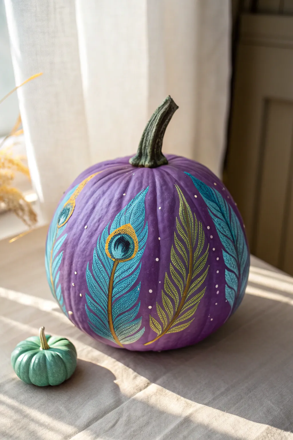 Hand-painted peacock feathers make this purple pumpkin glow in rich jewel tones and cozy light.