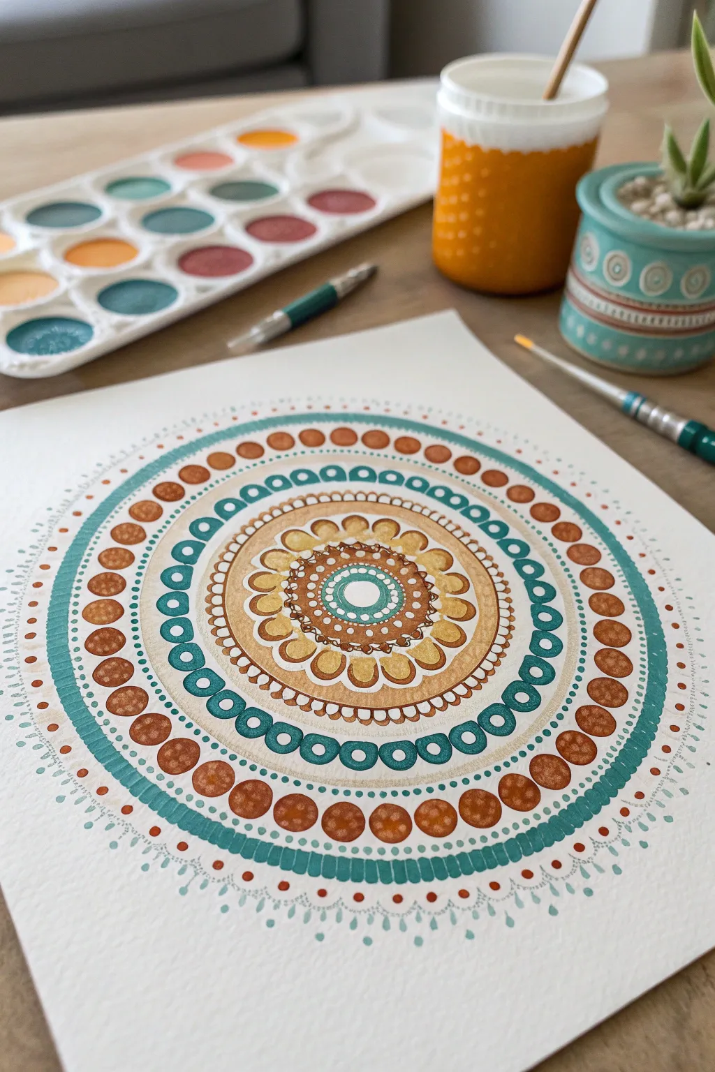 Meditative mandala dot rings made with Q-tips in bold earthy hues on crisp white paper