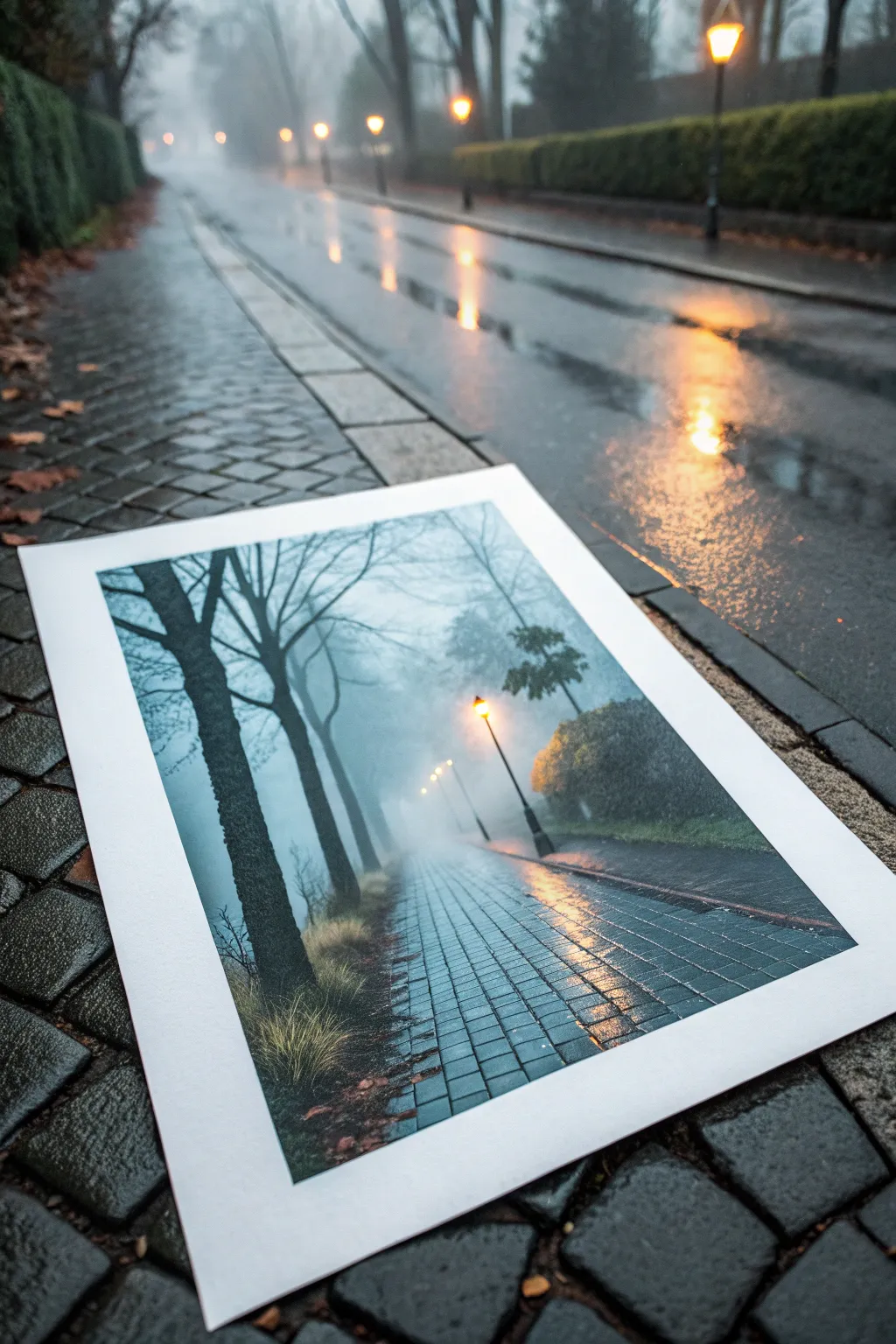 Limited-palette cool blue rainscape with a single warm glow accent for calm, soaked mood