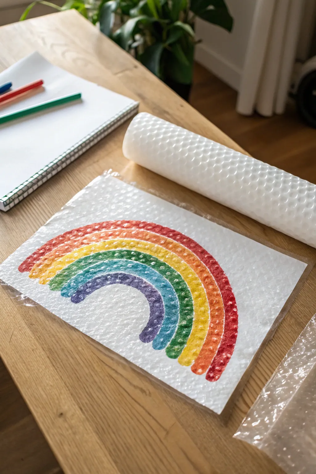 Bubble wrap rainbow printing with bold dotted texture on handmade paper, minimalist boho DIY art