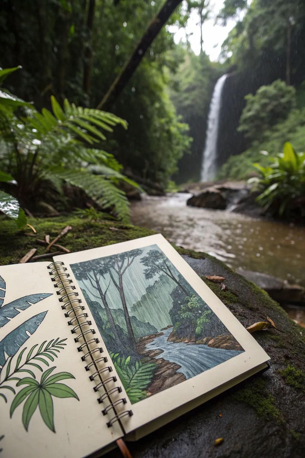 Rainstorm rainforest drawing idea with bold diagonal rain lines, deep greens, and humid puddle ripples