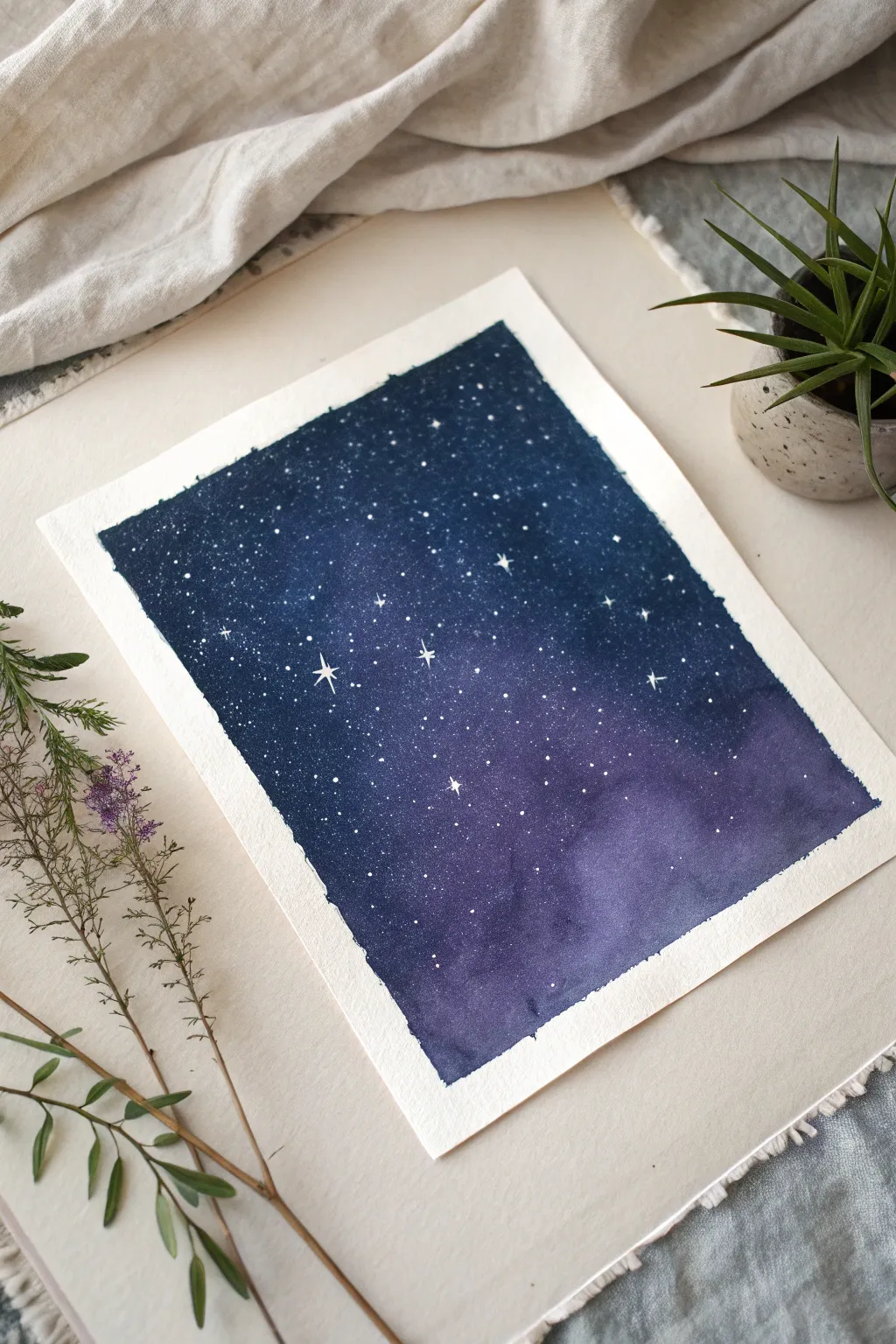 Salt-textured night sky wash in indigo and purple, softly sparkling like distant stars